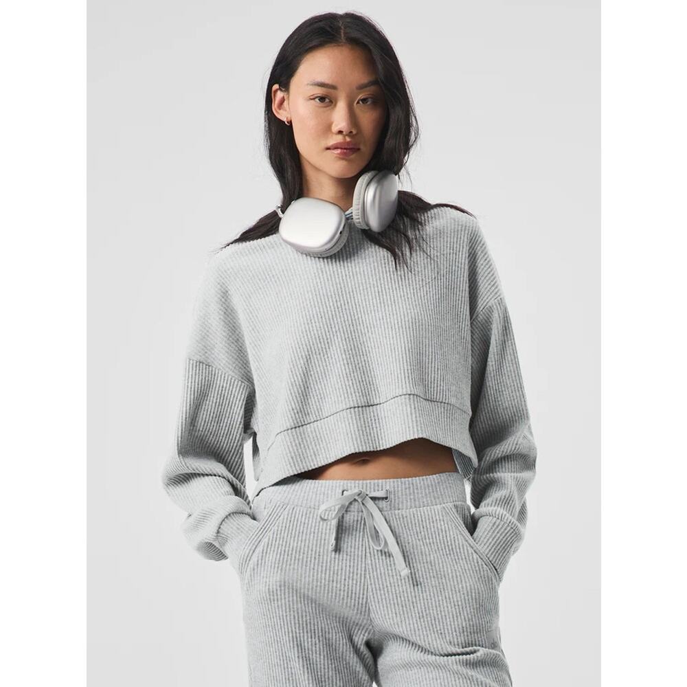 ALO Yoga Muse Hoodie Pullover Crop Ribbed Athletic Heather Grey Medium